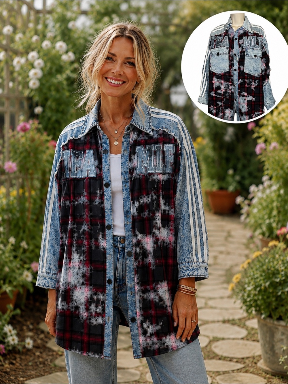 Origami Denim & Plaid Mixed Media Shacket - Blue, Black, Burgundy